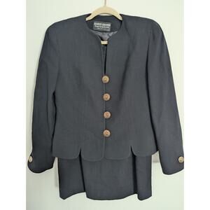Vintage 90s Wool Power Suit Black Gold Button Skirt Set USA 8 Saks